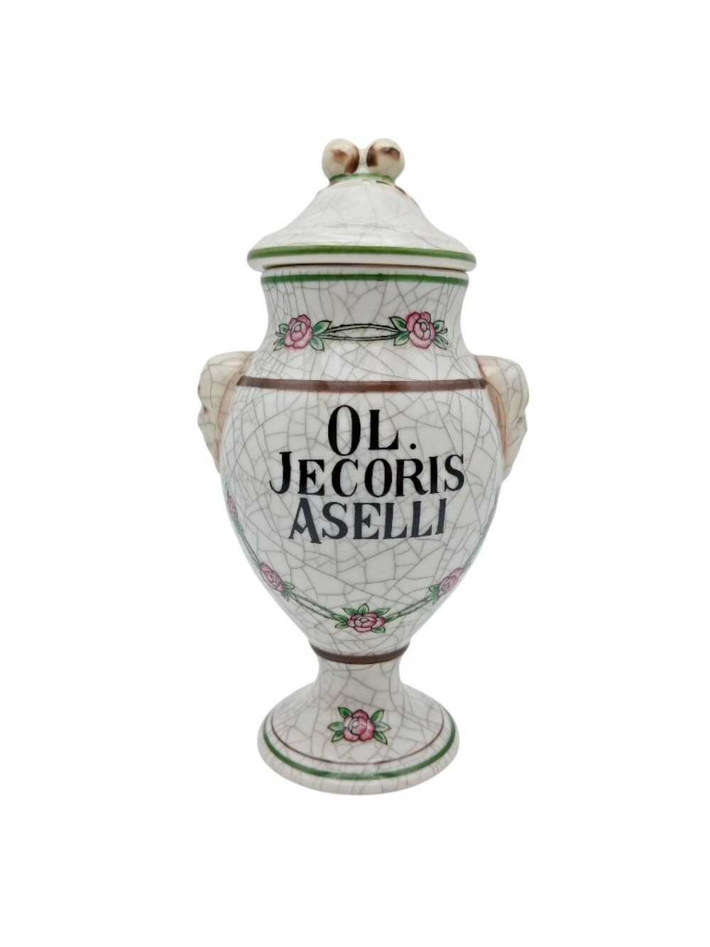 Herr Faience Ol. Jecoris Aselli  Apothecary Jar Crackle Glaze Ceramic 7.5"